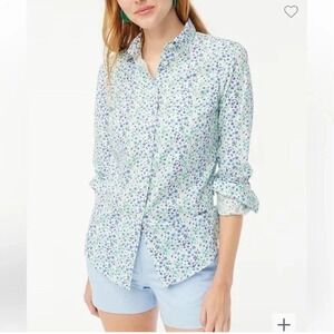 New J Crew Button Up Shirt Womens L Blue Green Floral Cotton Poplin Smart Casual